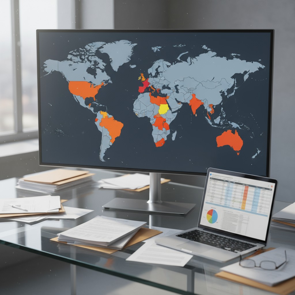 A world map on a monitor in an office setting, surrounded by papers, with laptops present.