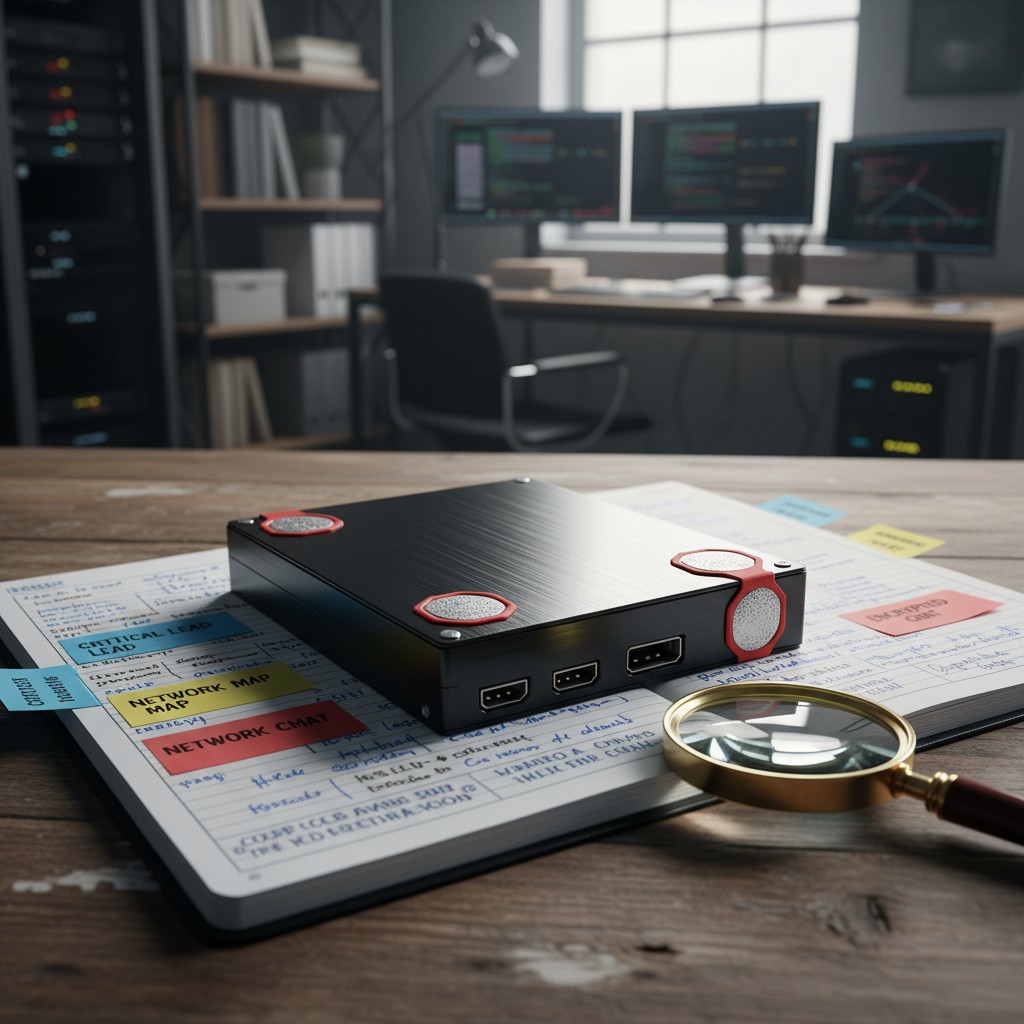 A black portable hard drive sits on top of an open notebook, displaying a network diagram on its right with a large magnif...