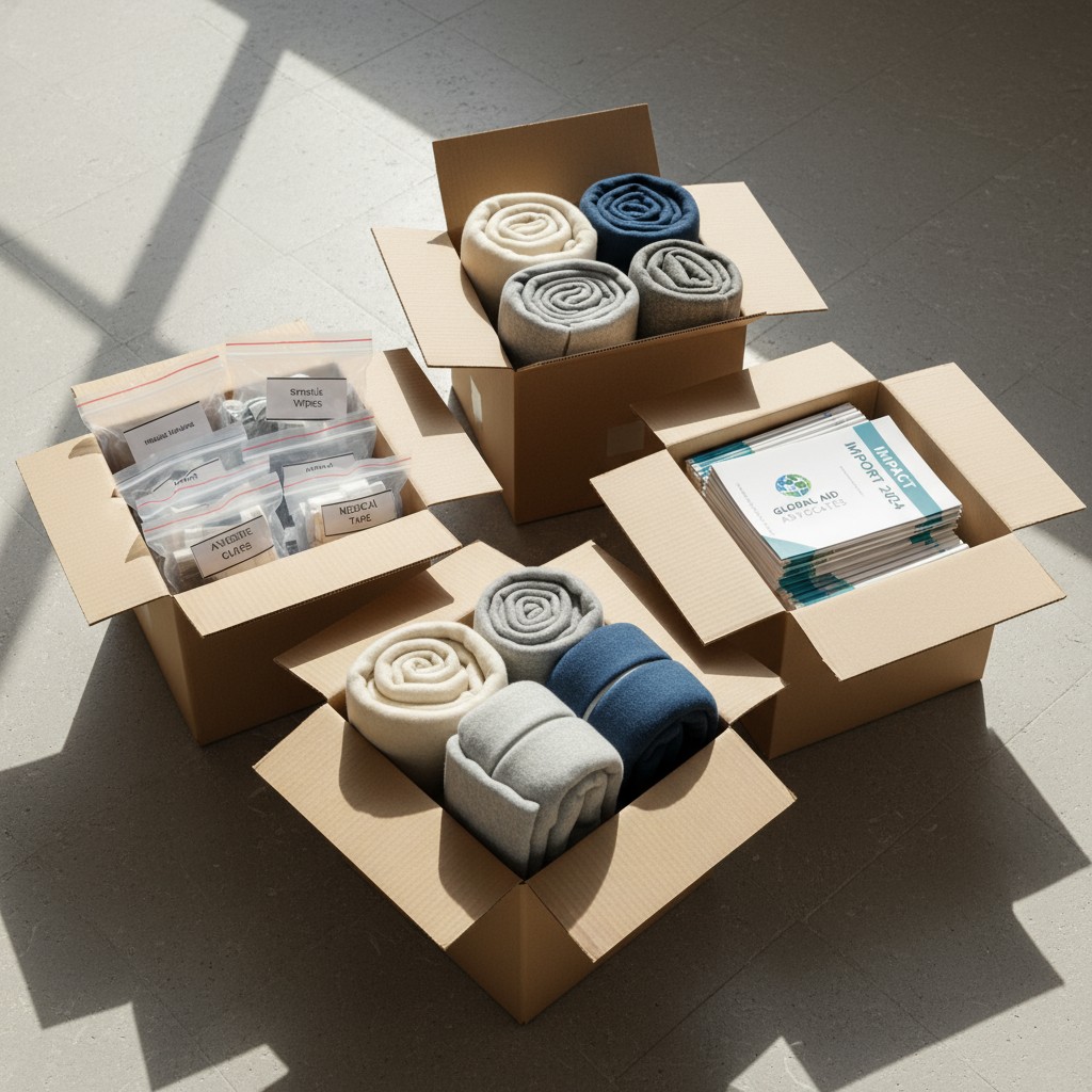 Blankets and medical supplies packed in cardboard boxes and Ziplock bags.