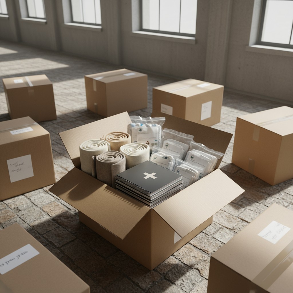 A well-lit room featuring a cardboard box as the central focus, containing emergency supplies.