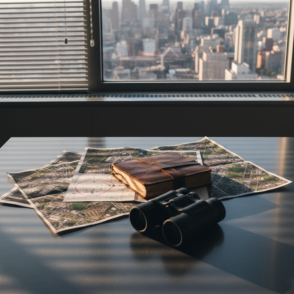 Map, binoculars, and book in front of a window with a cityscape viewed through it.