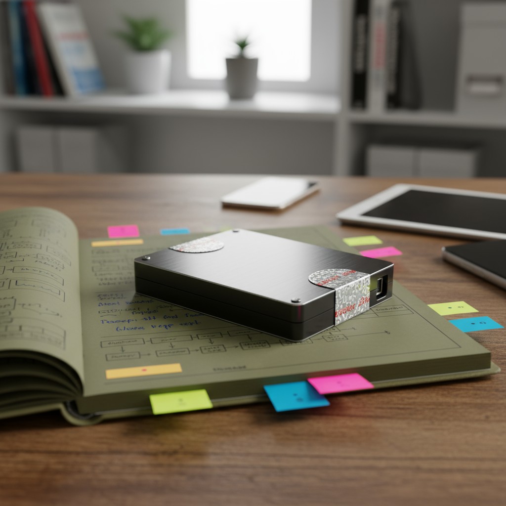 A close-up photograph of a portable hard drive sitting on an open book with sticky notes, with a cell phone and tablet in ...