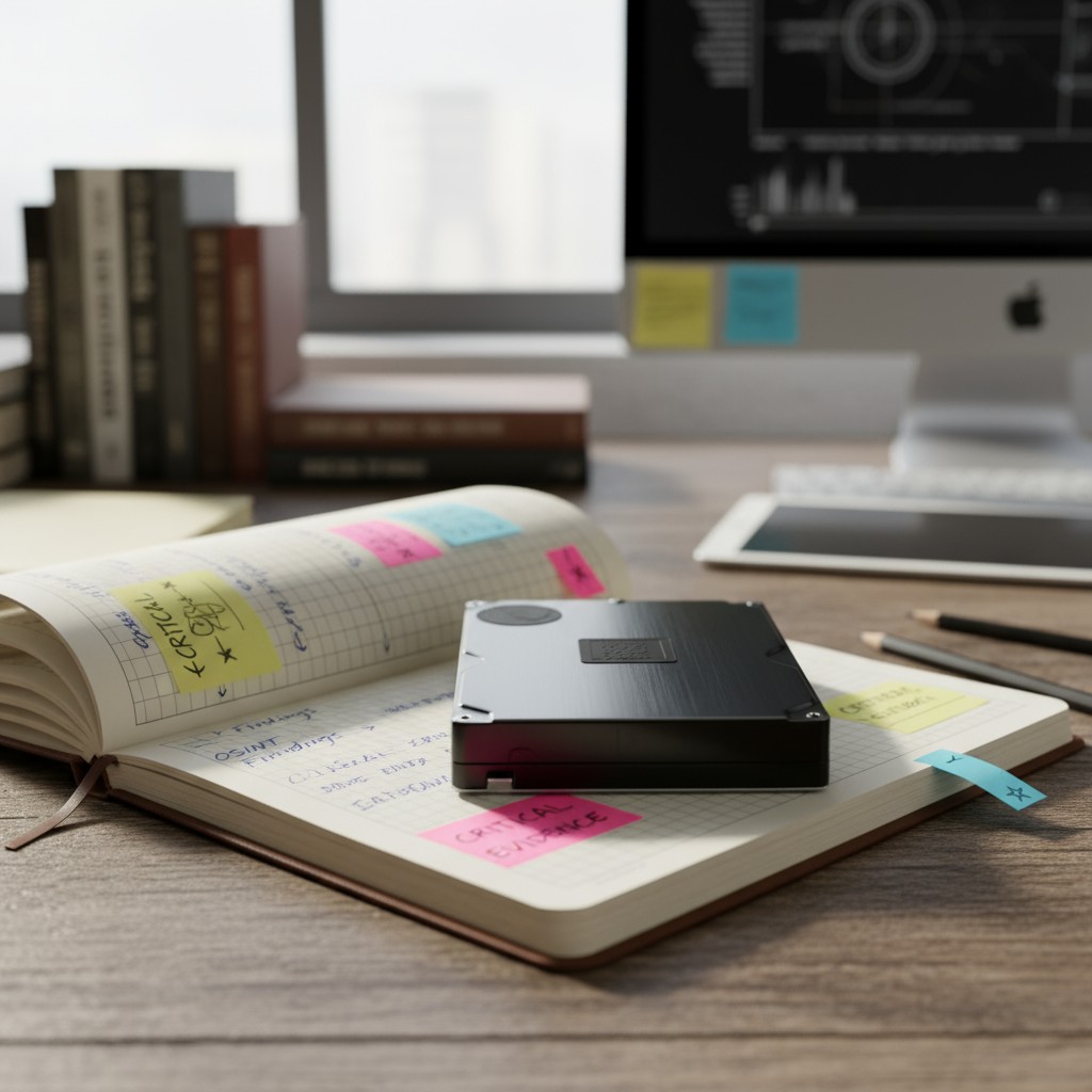 A desk with an open notebook and a hard drive on top, featuring a colorful sticky note chart with handwritten labels.